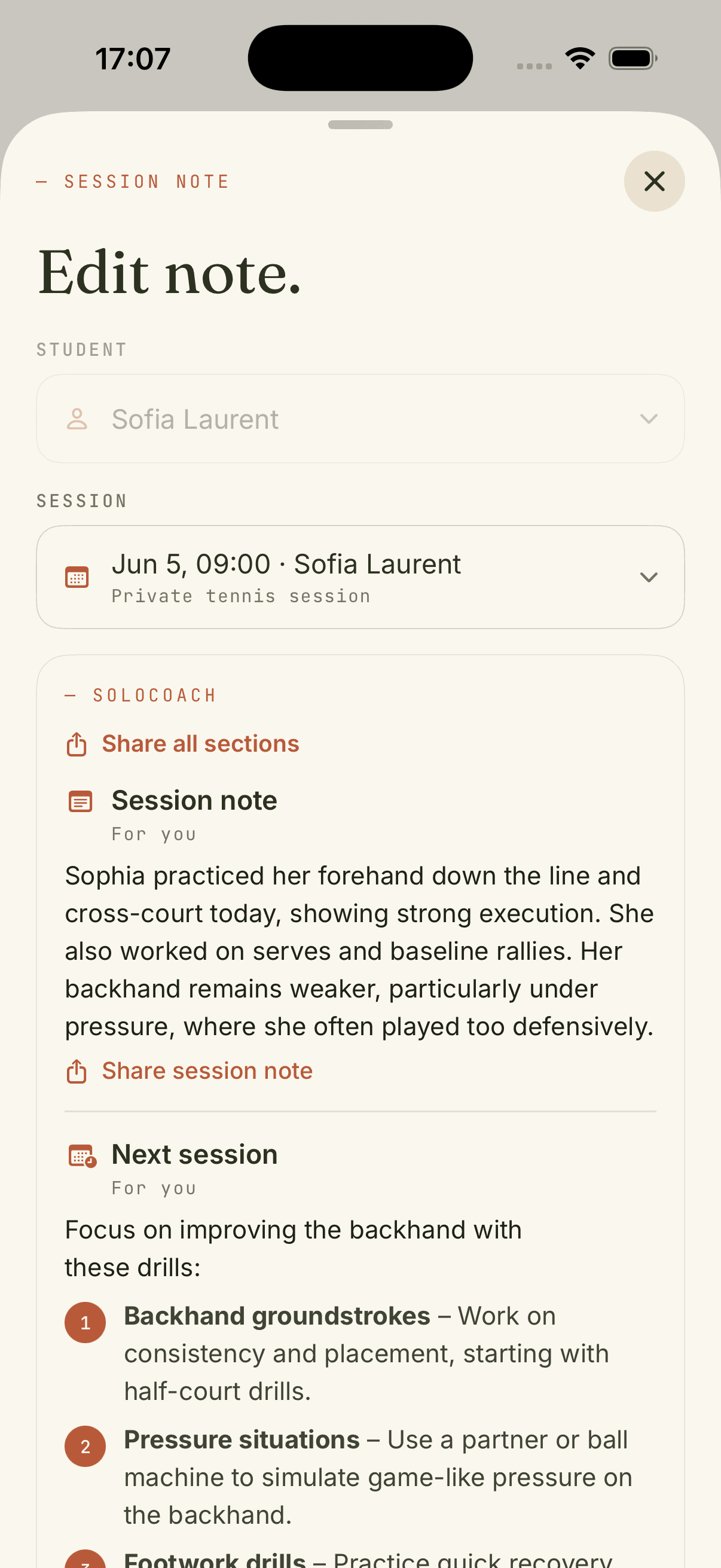 Coach app: edited session note with next training plan and homework