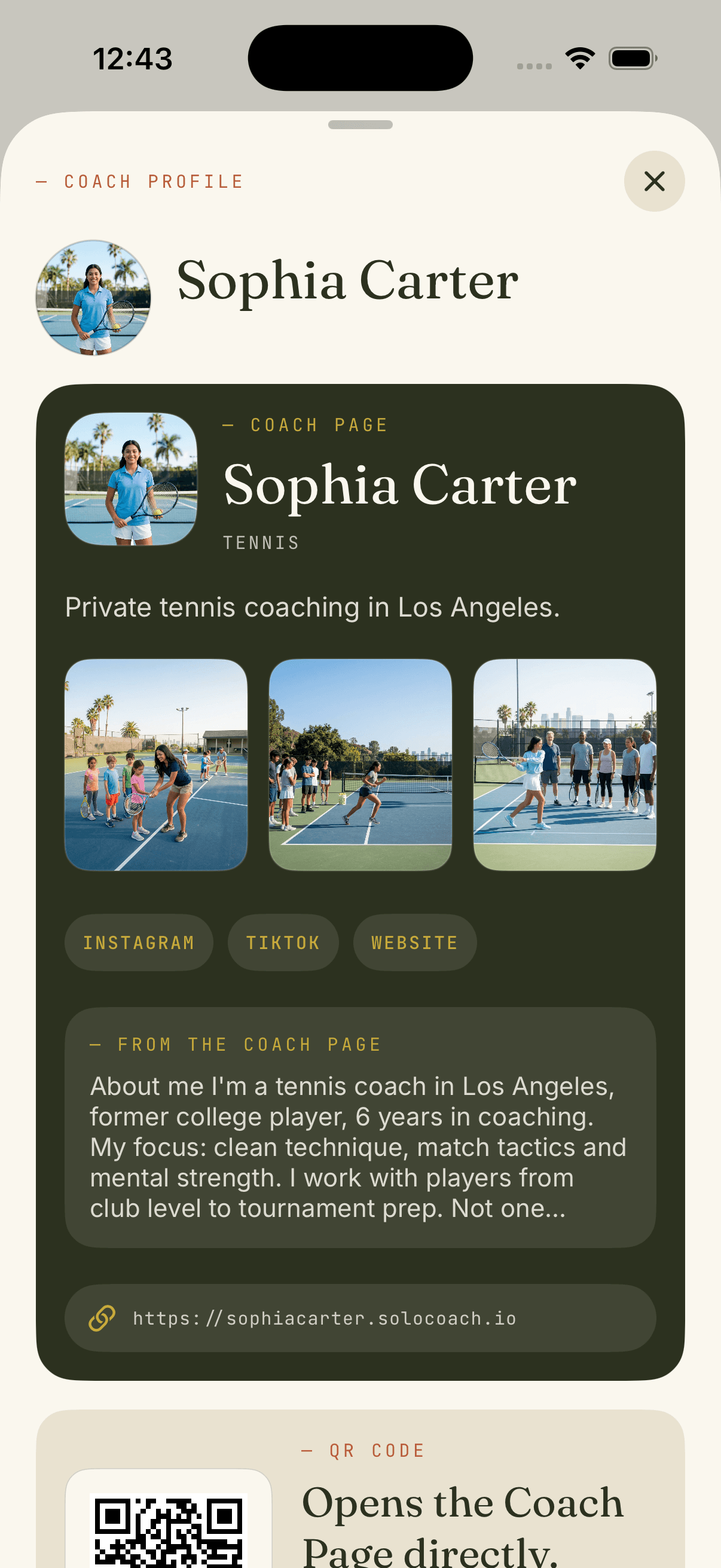 Coach app: public coach page with a QR code to share