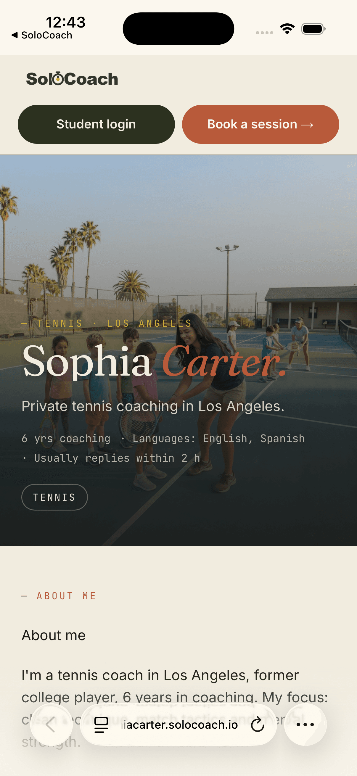 Student view: public coach page with book button