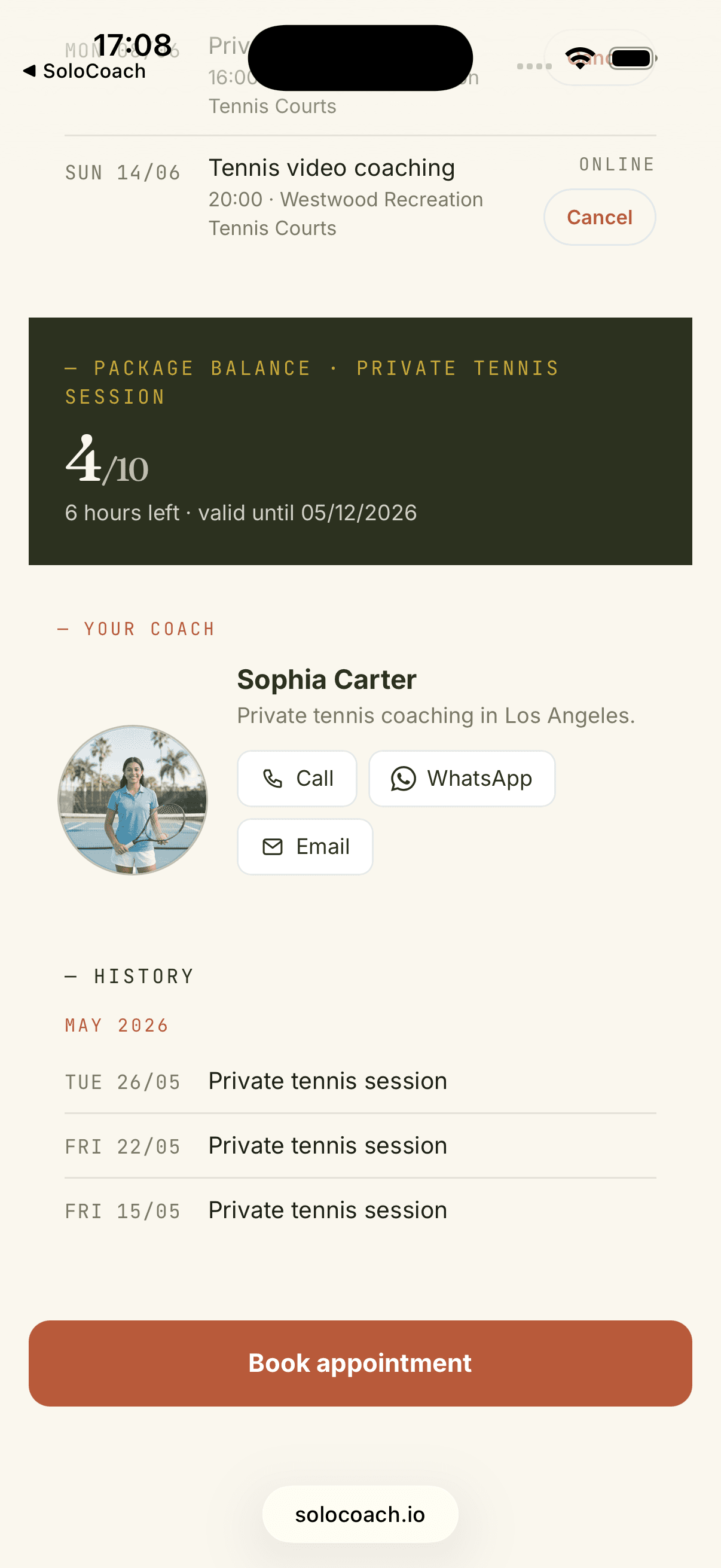 Student view: My Area with package balance, coach contact and history