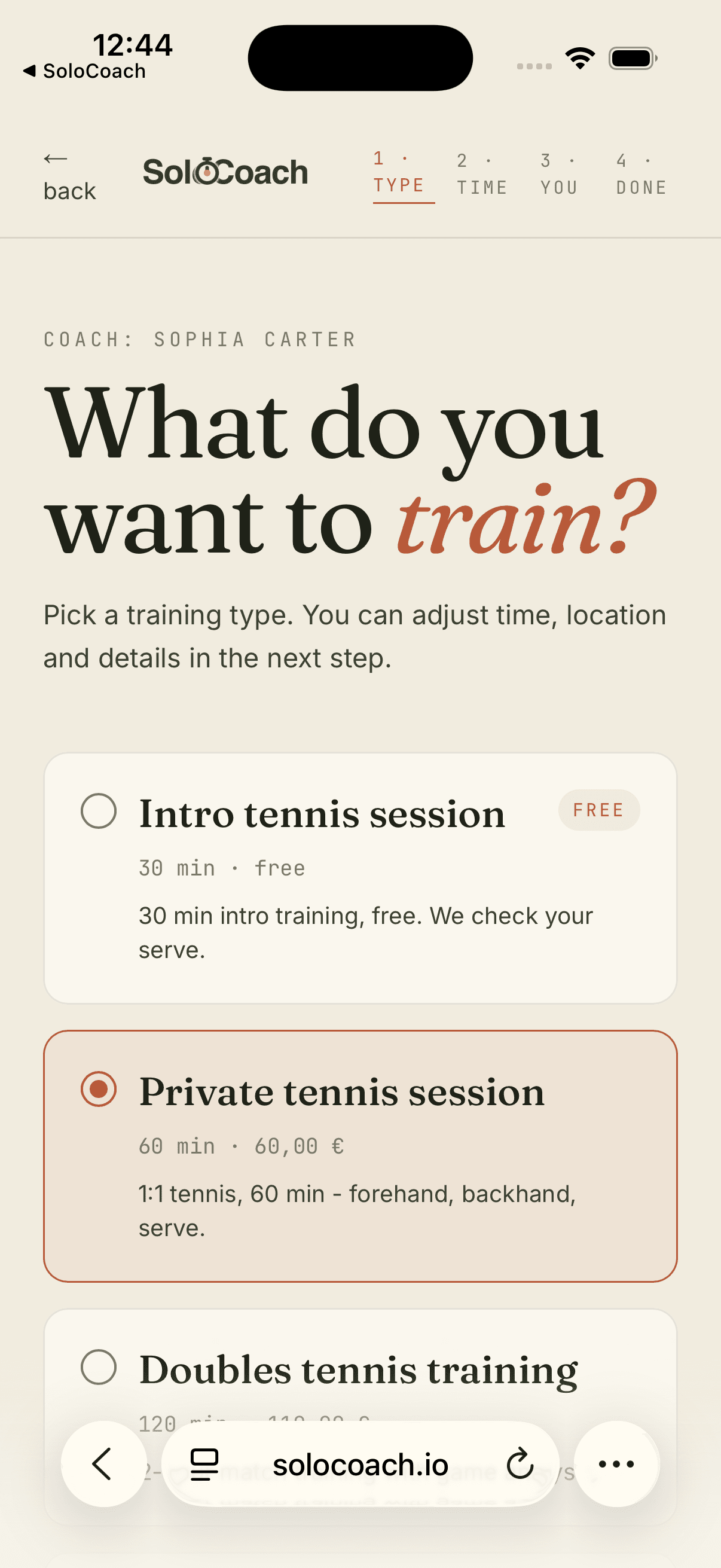 Student view: choosing the training type when booking